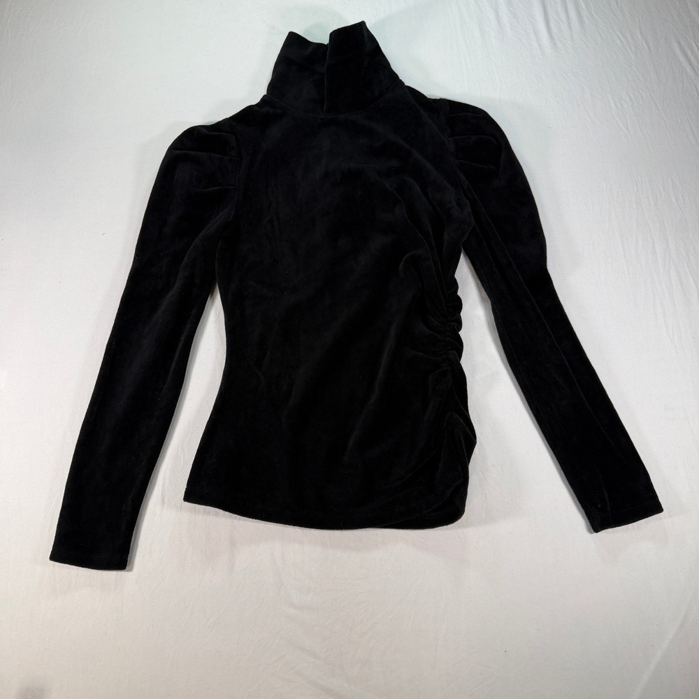 Pam & Gela Terry Cloth Mock Neck Asymmetrical Petite P Black‎ Ruched Puff Sleeve
